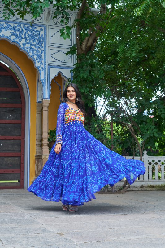 Womenline Blue Colour Bandhani Print Faux Georgette Gown