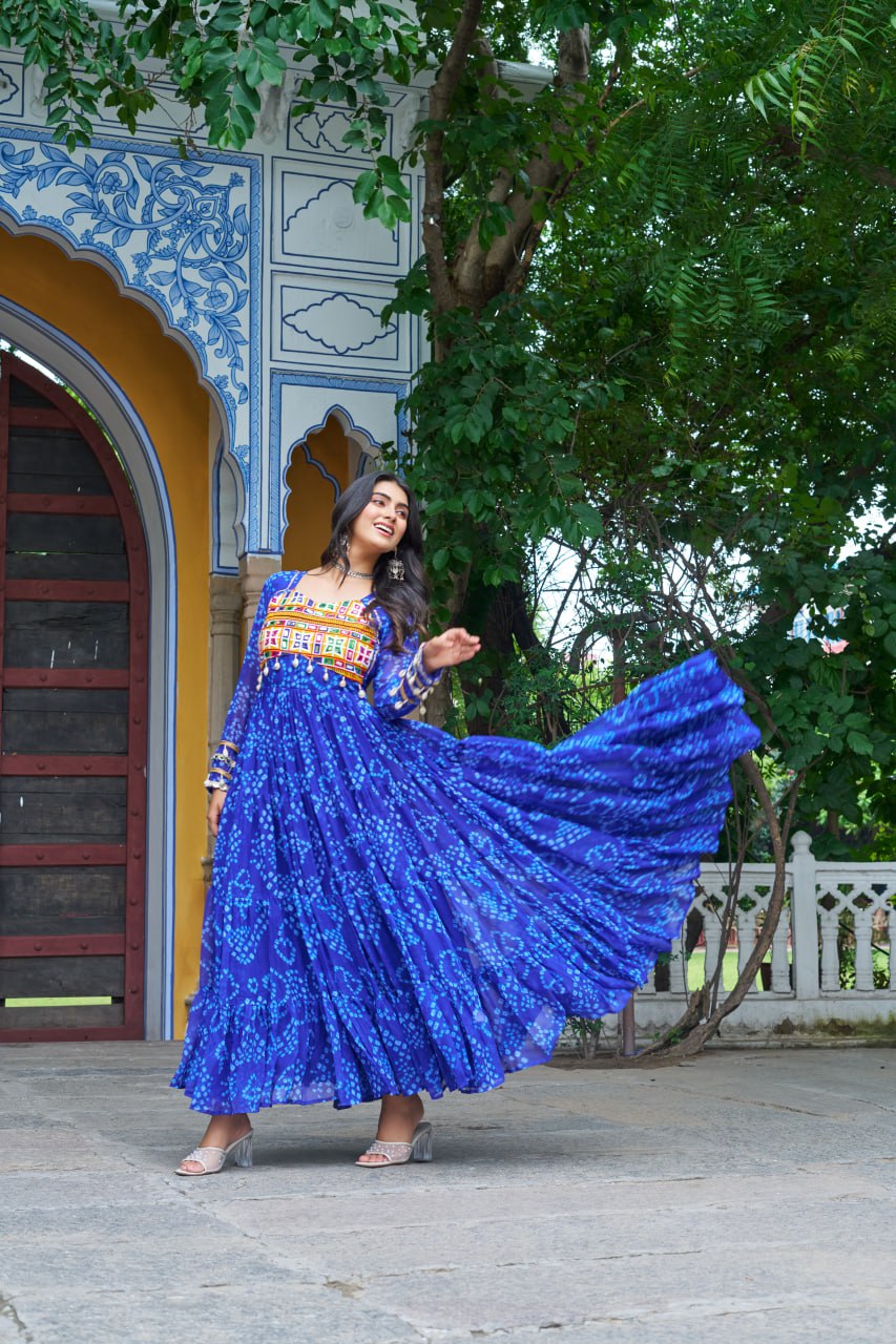 Womenline Blue Colour Bandhani Print Faux Georgette Gown