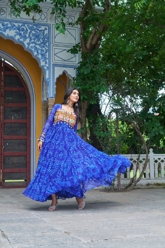Womenline Blue Colour Bandhani Print Faux Georgette Gown