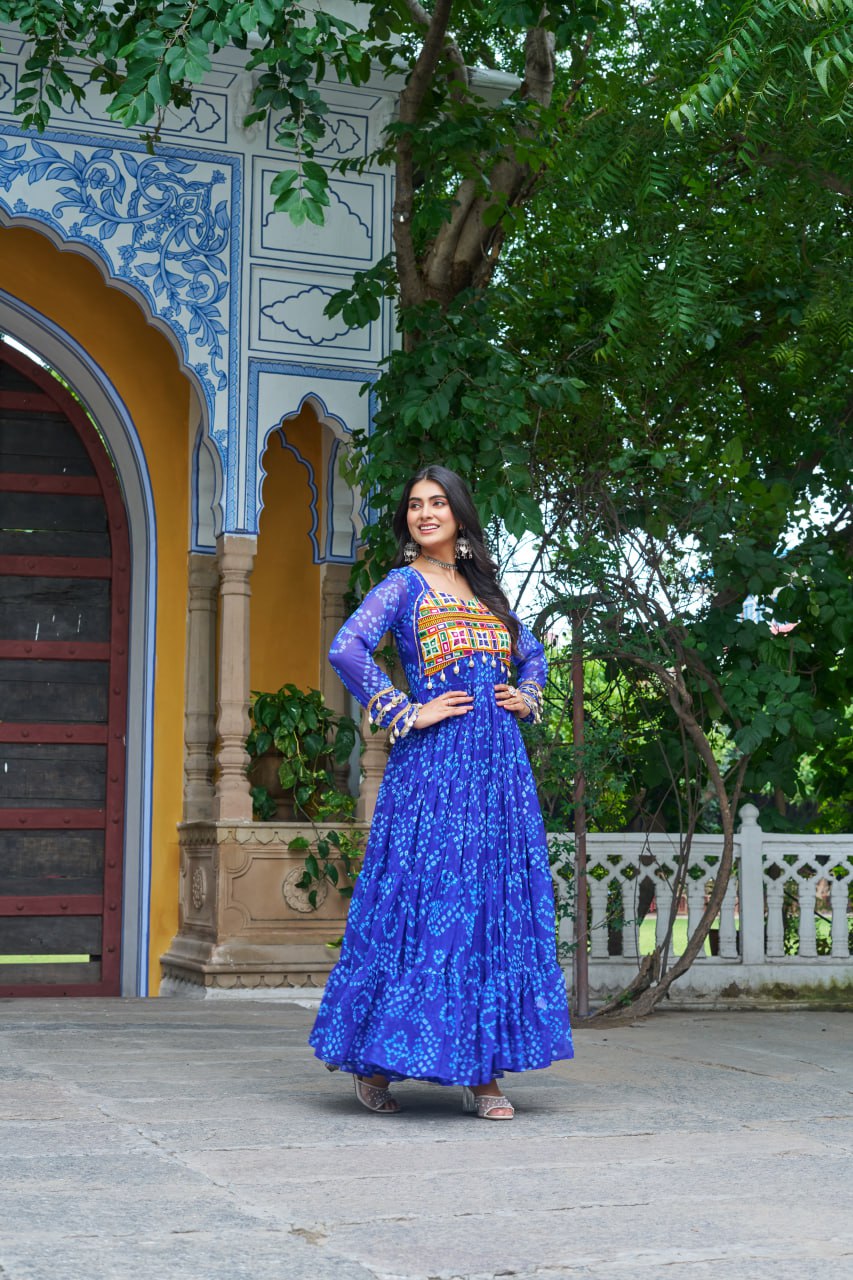 Womenline Blue Colour Bandhani Print Faux Georgette Gown