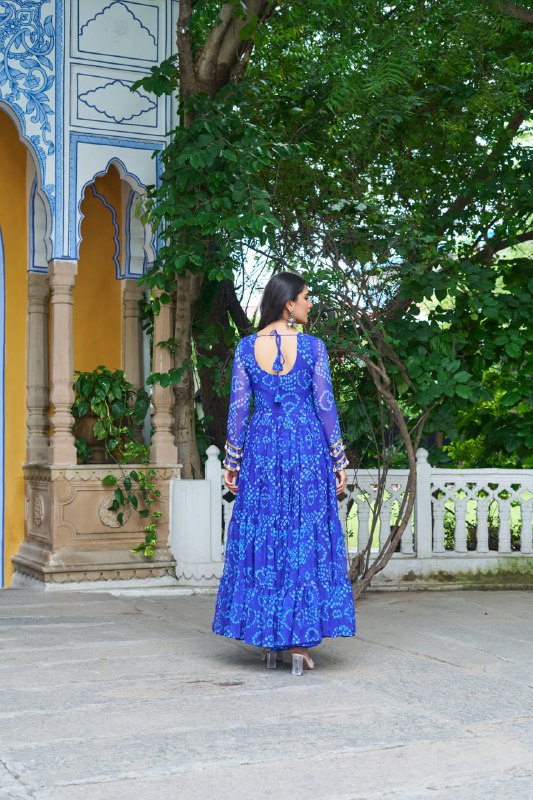 Womenline Blue Colour Bandhani Print Faux Georgette Gown