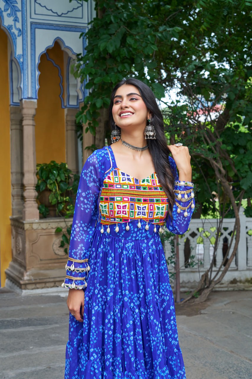 Womenline Blue Colour Bandhani Print Faux Georgette Gown