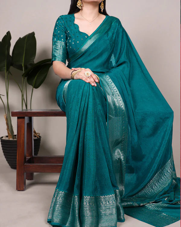 Womenline Bottle Green Color Chinon Self Printed Saree