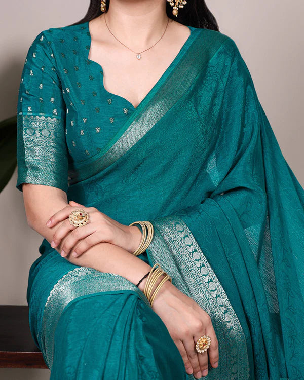 Womenline Bottle Green Color Chinon Self Printed Saree