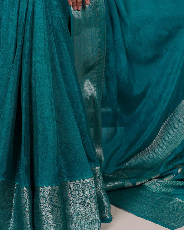 Womenline Bottle Green Color Chinon Self Printed Saree