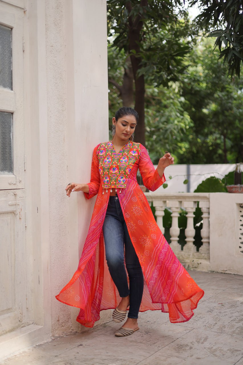 Womenline Bright orange-Red Bandhani Print Navratri Kurti