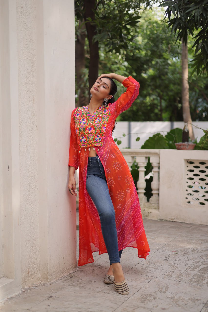 Womenline Bright orange-Red Bandhani Print Navratri Kurti