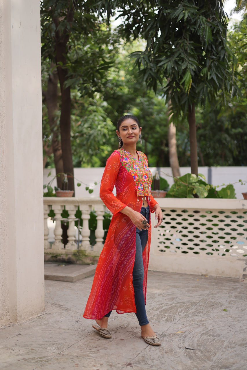 Womenline Bright orange-Red Bandhani Print Navratri Kurti