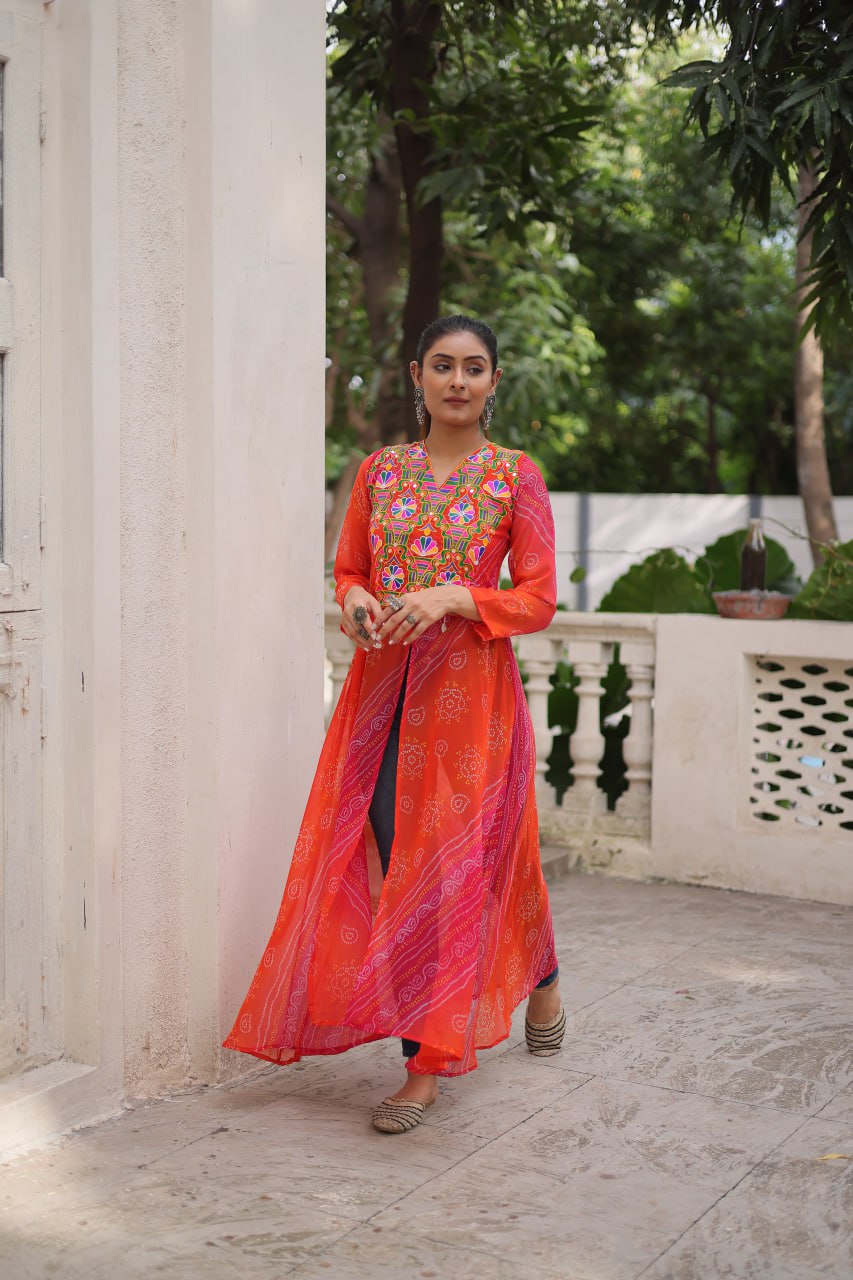 Womenline Bright orange-Red Bandhani Print Navratri Kurti