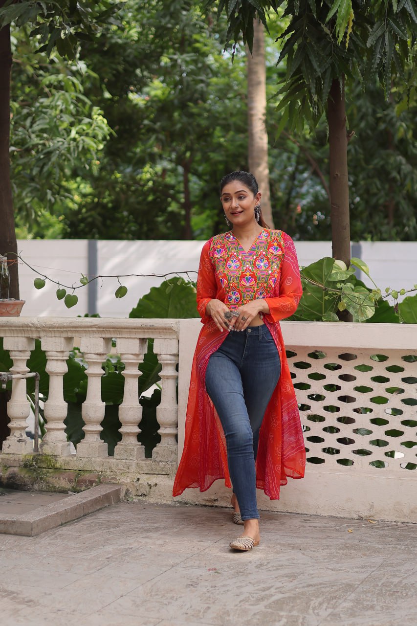 Womenline Bright orange-Red Bandhani Print Navratri Kurti