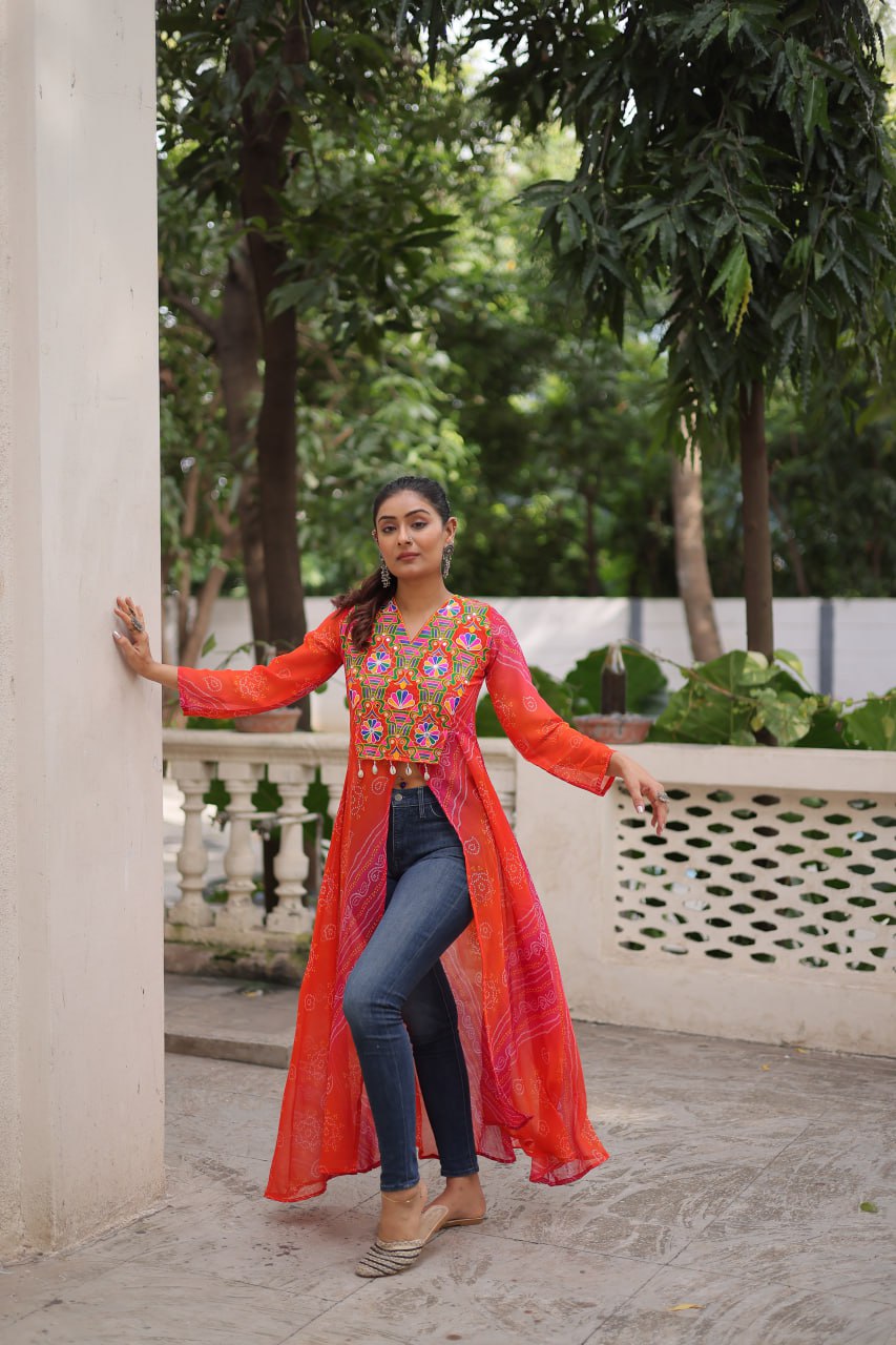 Womenline Bright orange-Red Bandhani Print Navratri Kurti