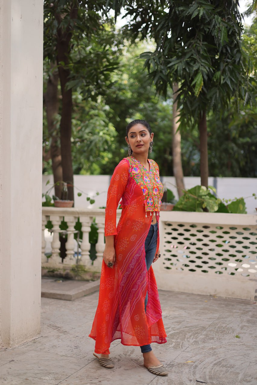 Womenline Bright orange-Red Bandhani Print Navratri Kurti