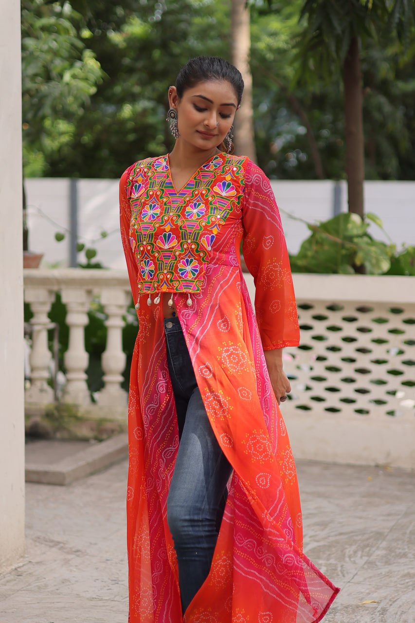 Womenline Bright orange-Red Bandhani Print Navratri Kurti