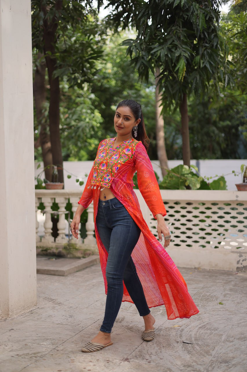 Womenline Bright orange-Red Bandhani Print Navratri Kurti