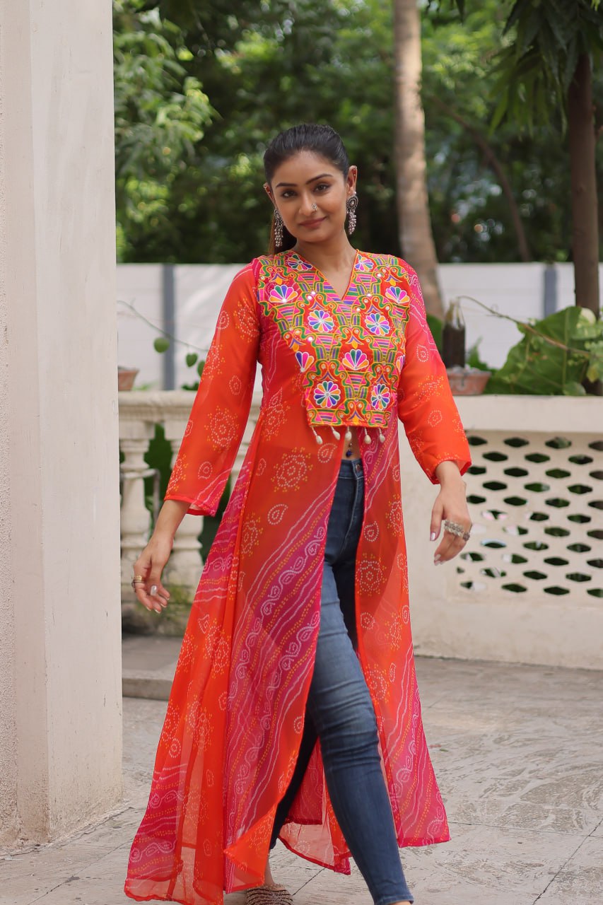 Womenline Bright orange-Red Bandhani Print Navratri Kurti