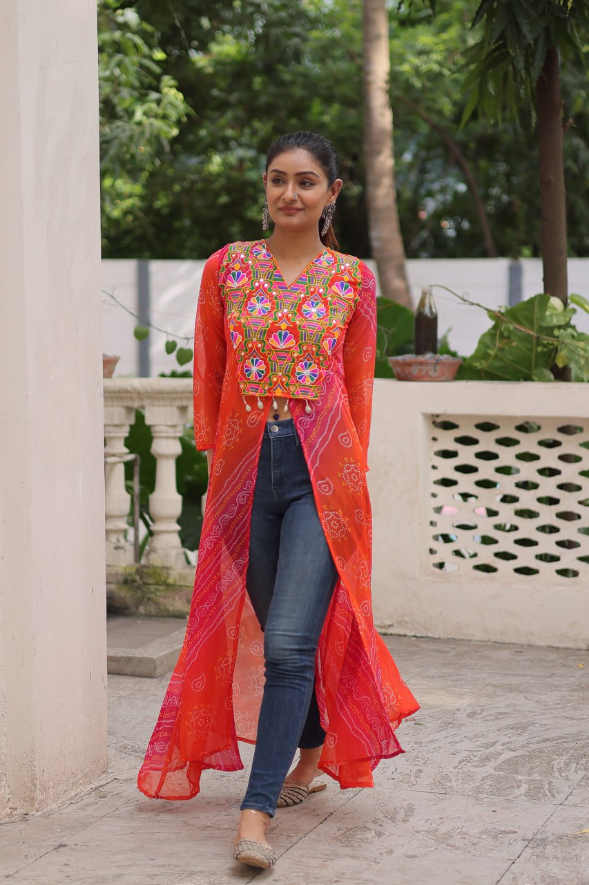 Womenline Bright orange-Red Bandhani Print Navratri Kurti