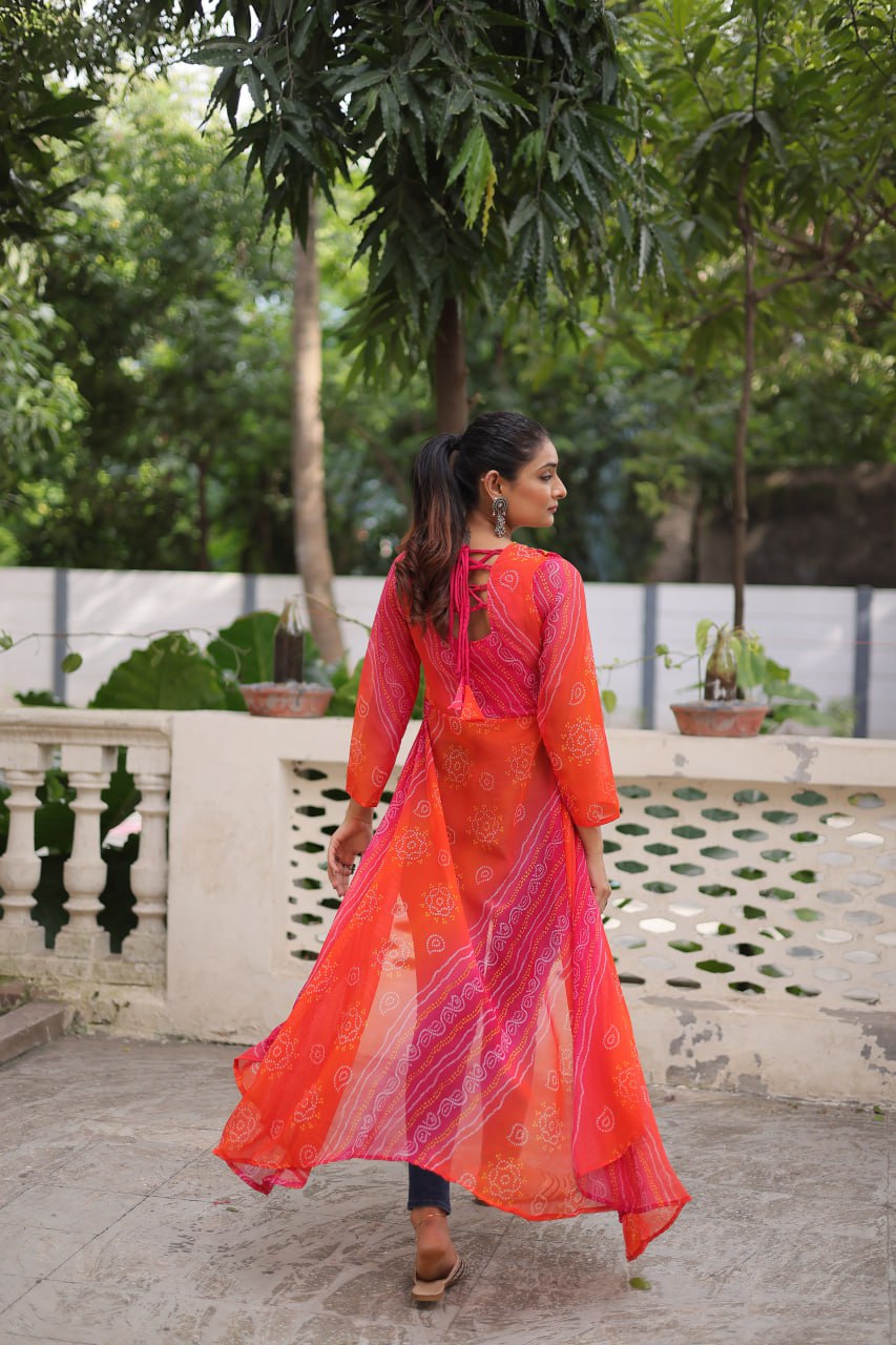 Womenline Bright orange-Red Bandhani Print Navratri Kurti