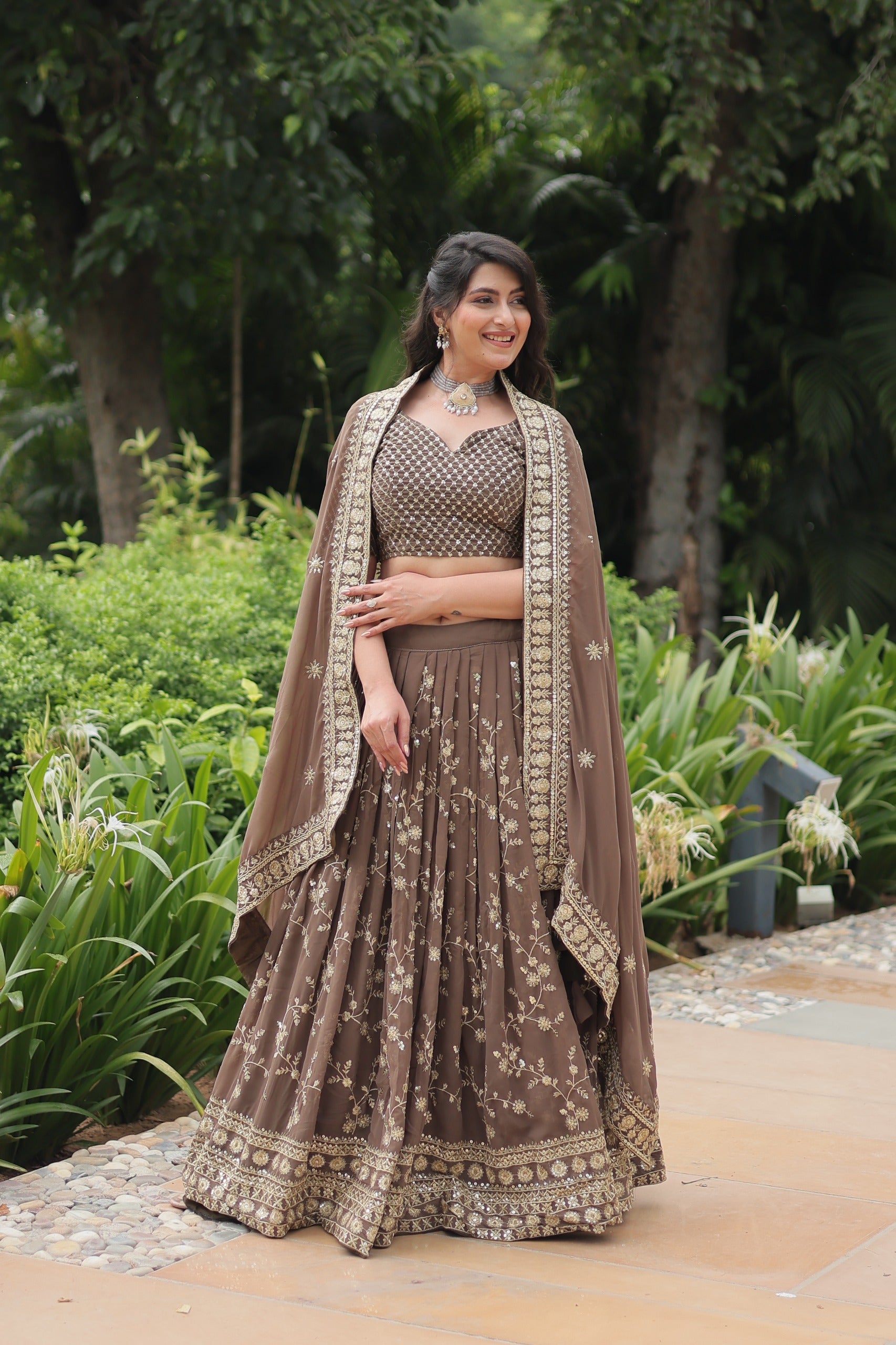 Womenline Brown Color Faux Blooming Lehenga Choli