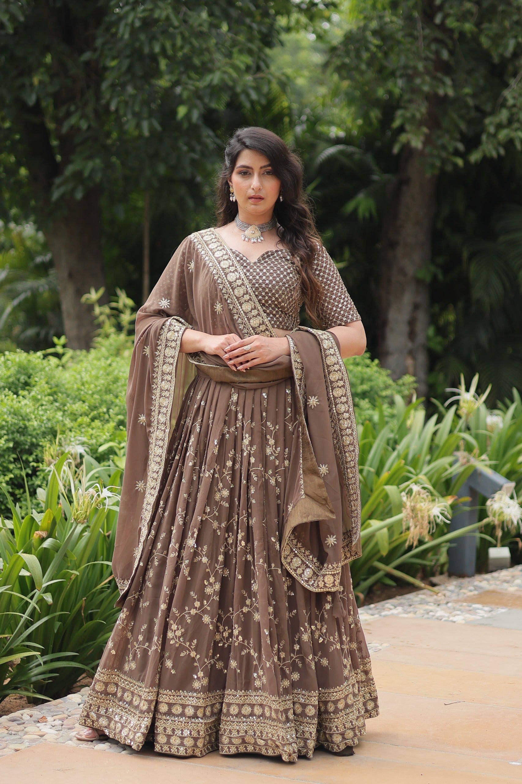 Womenline Brown Color Faux Blooming Lehenga Choli