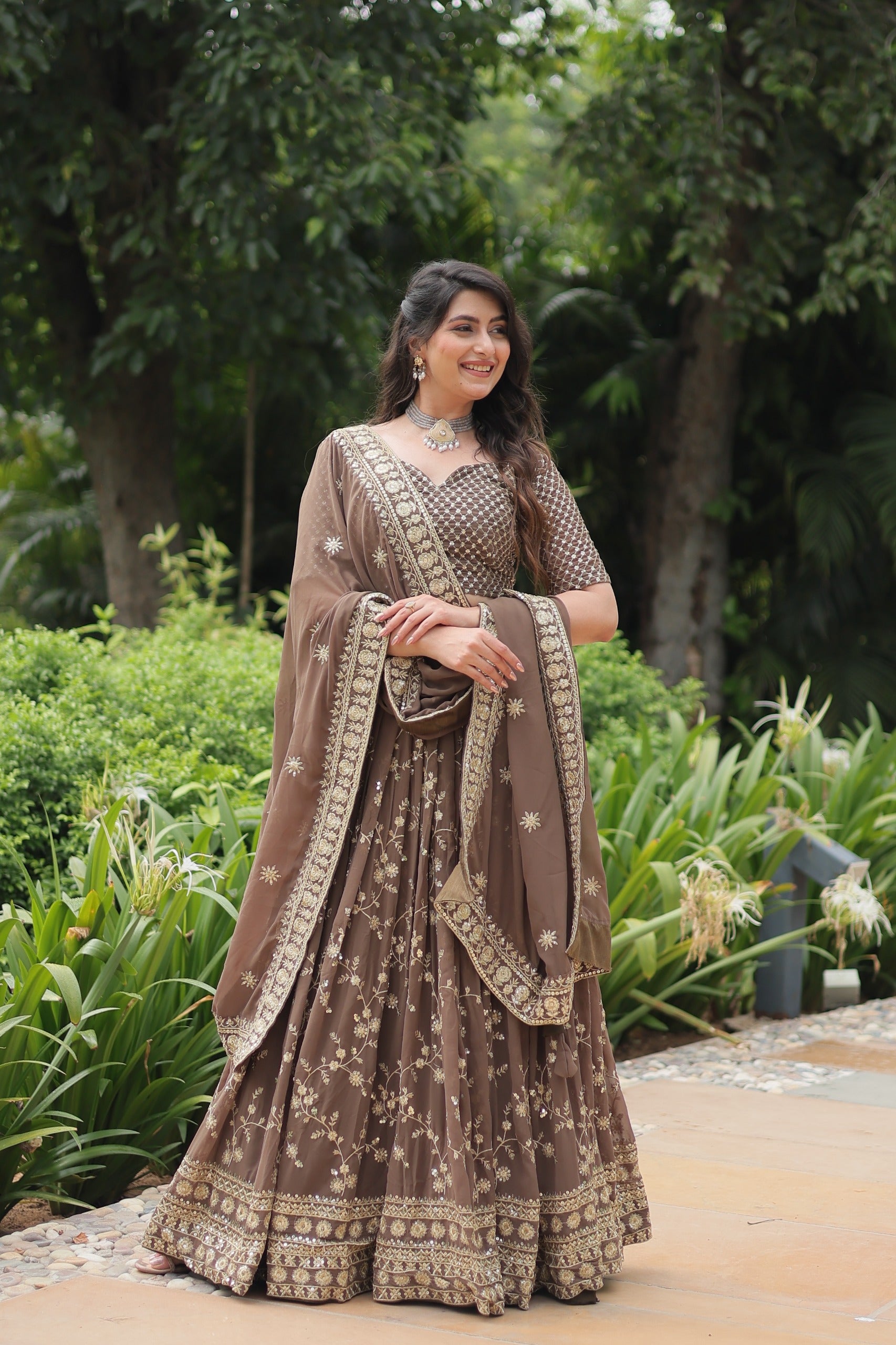 Womenline Brown Color Faux Blooming Lehenga Choli