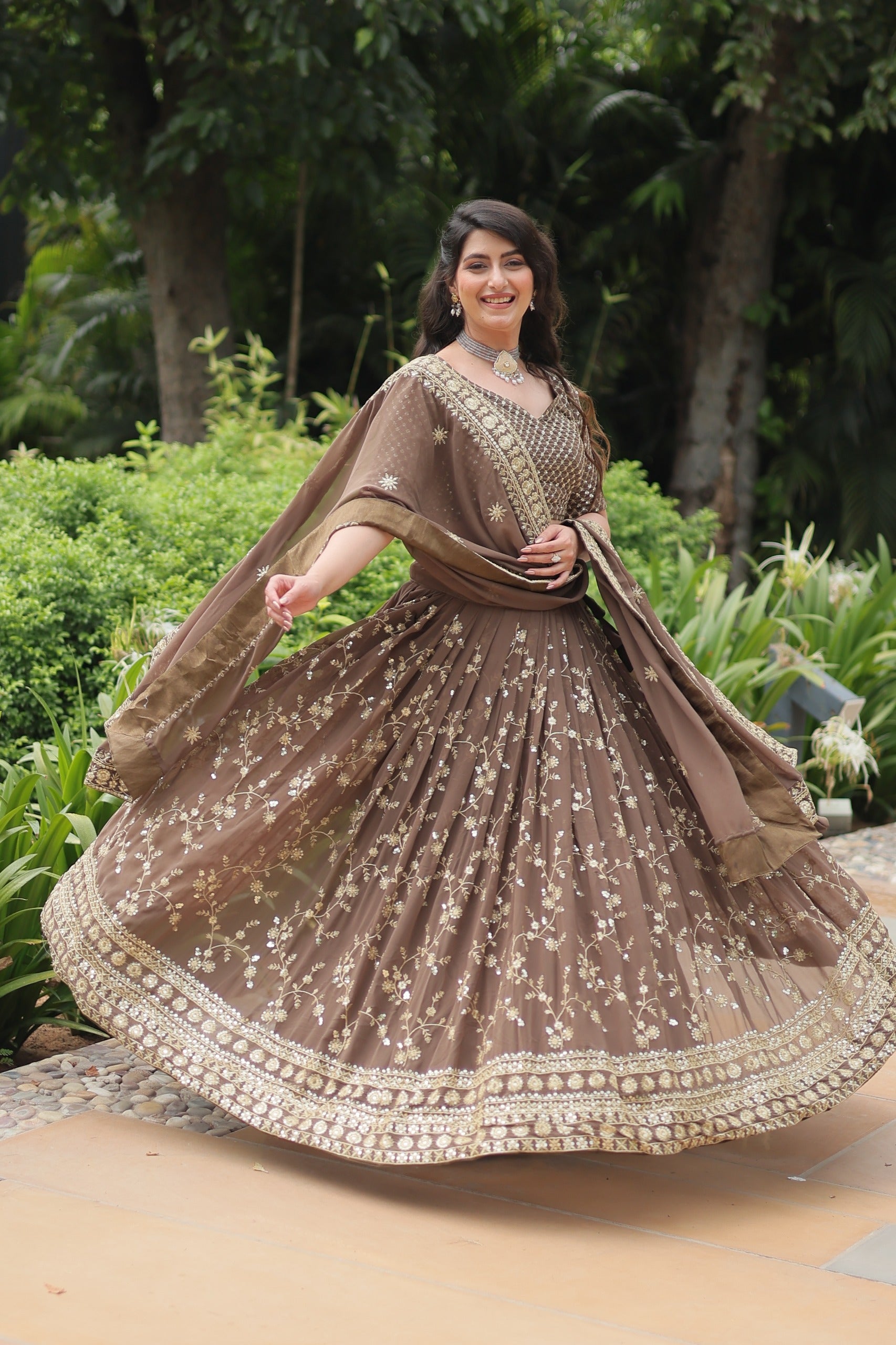 Womenline Brown Color Faux Blooming Lehenga Choli