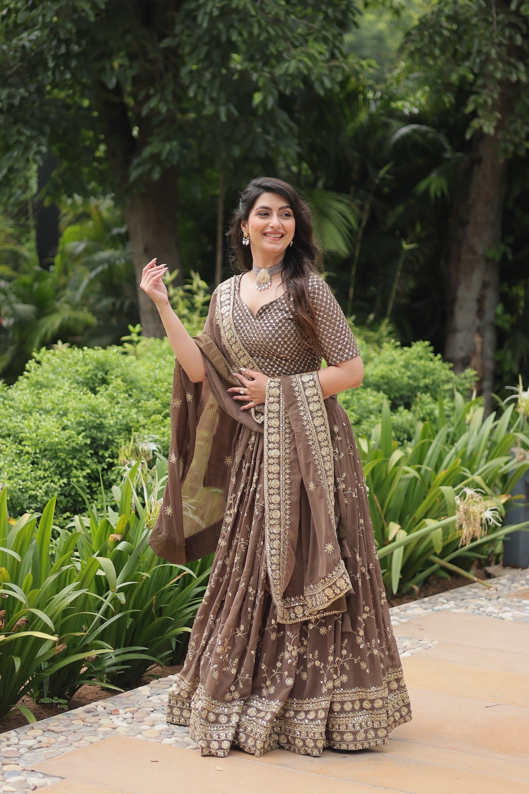 Womenline Brown Color Faux Blooming Lehenga Choli