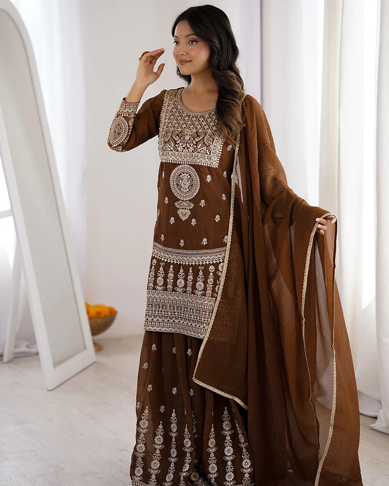 Womenline Brown Color Pure Soft Crunchy Silk Sharara Suit