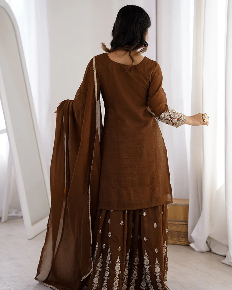 Womenline Brown Color Pure Soft Crunchy Silk Sharara Suit