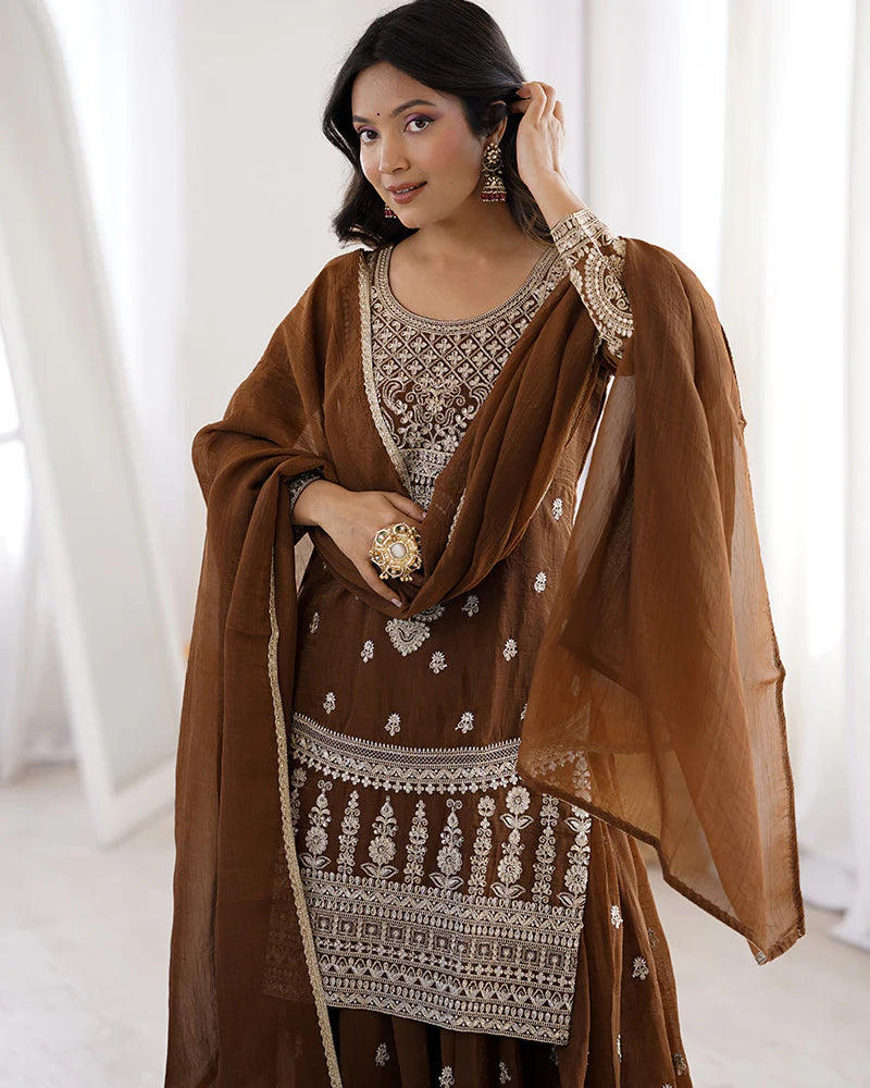 Womenline Brown Color Pure Soft Crunchy Silk Sharara Suit