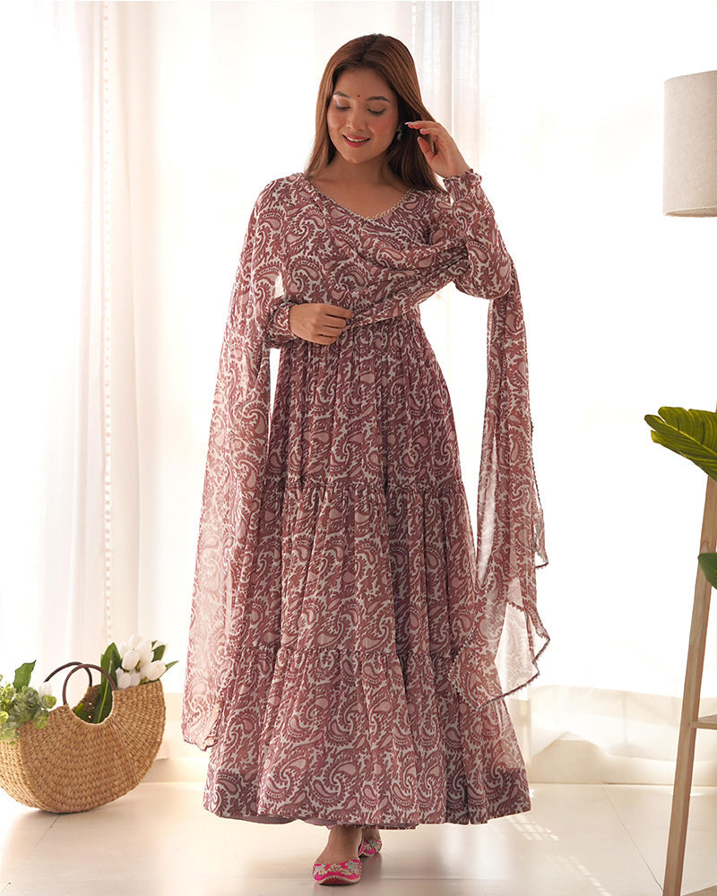 Womenline Brown Color Soft Georgette Ruffle Style Anarkali Suit