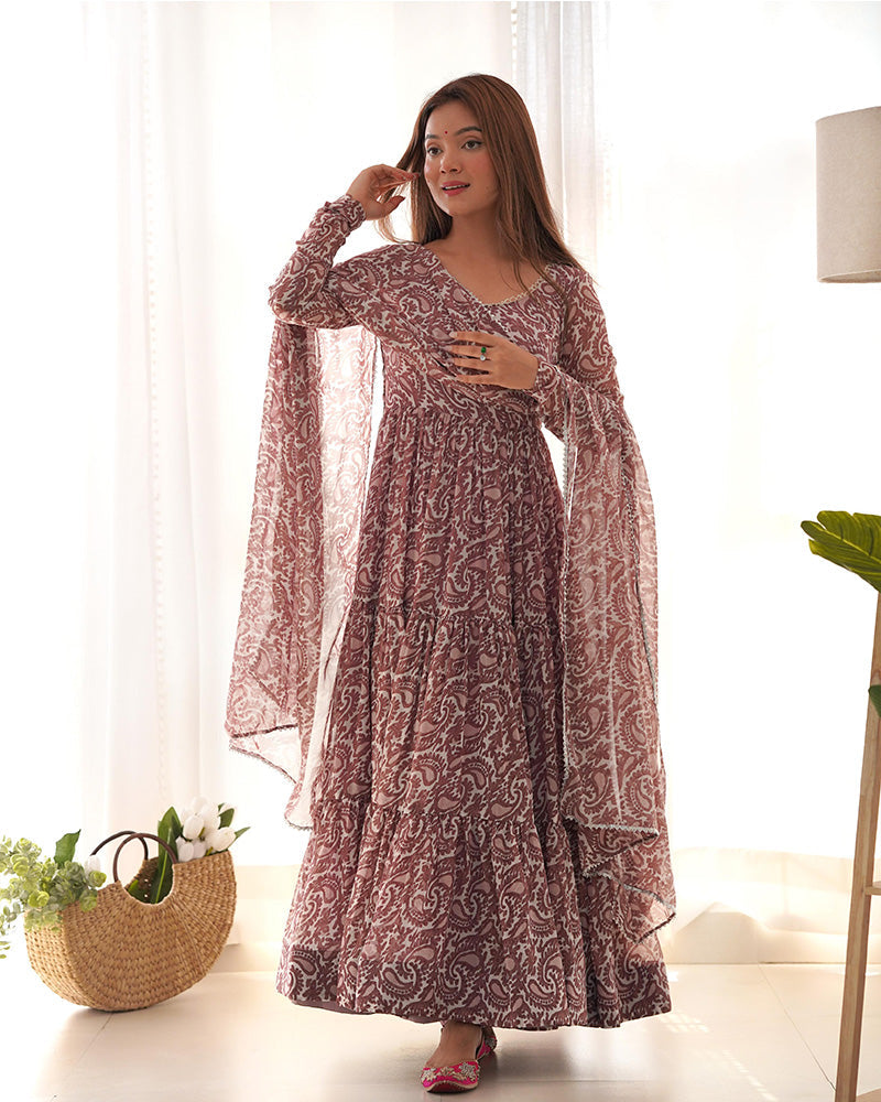 Womenline Brown Color Soft Georgette Ruffle Style Anarkali Suit