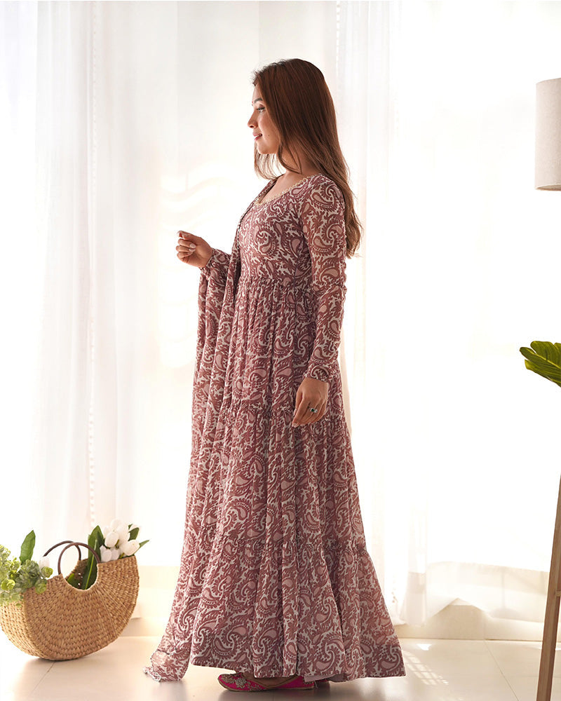 Womenline Brown Color Soft Georgette Ruffle Style Anarkali Suit
