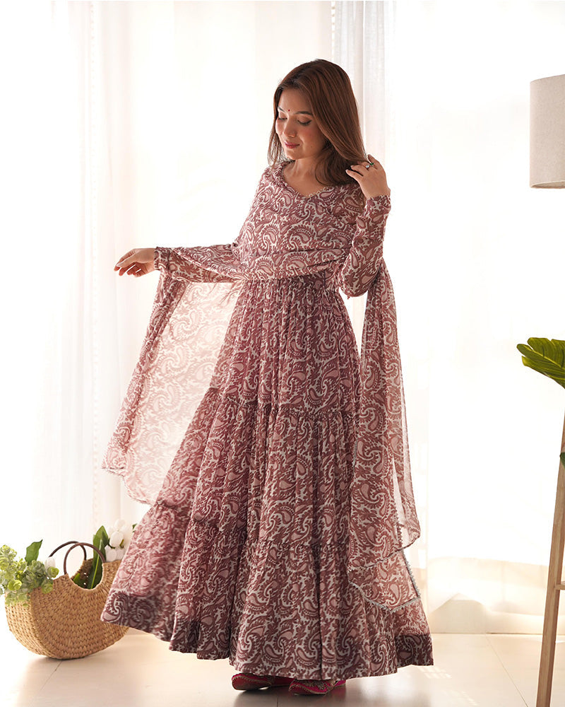 Womenline Brown Color Soft Georgette Ruffle Style Anarkali Suit