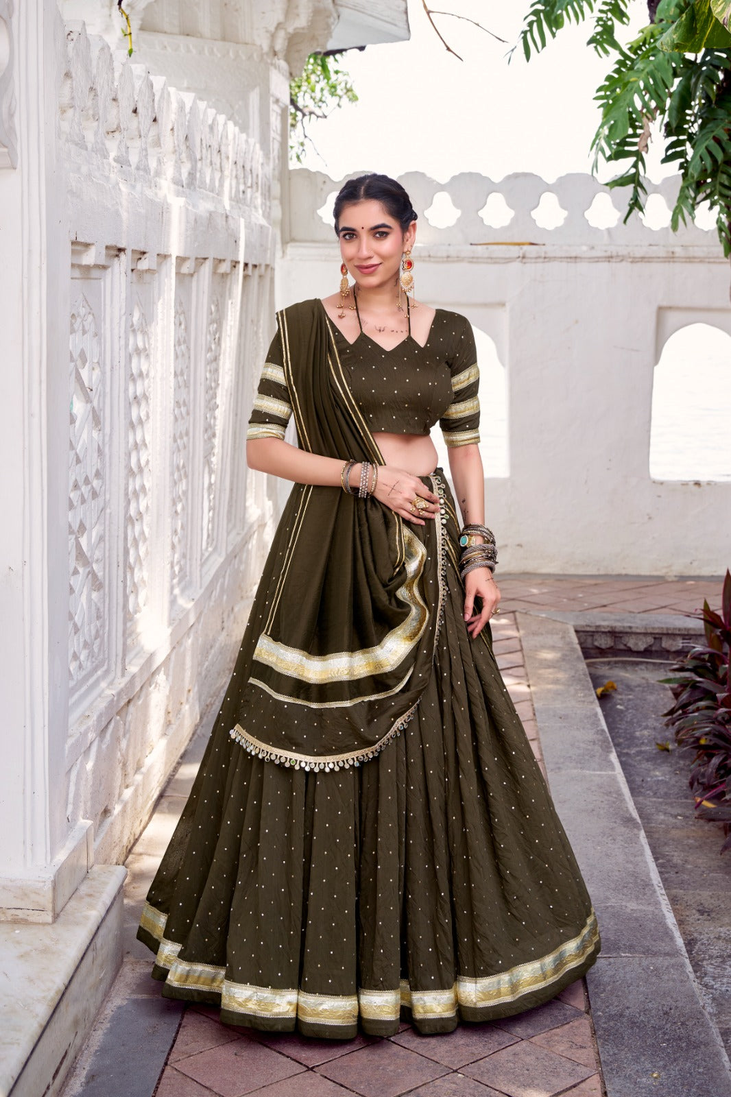 Womenline Classic Mehndi Color Pure Chanderi Navratri Lehenga Choli