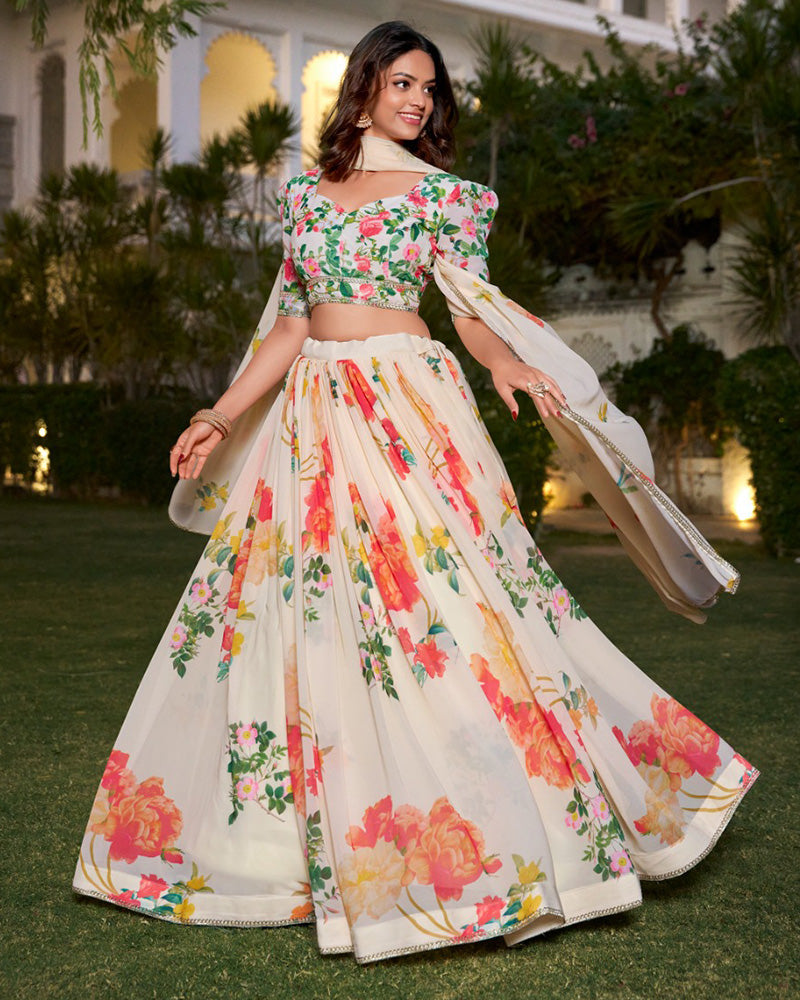 Womenline Cream Color Georgette Floral Printed Lehenga Choli