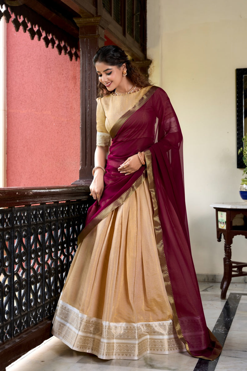 Womenline Cream Color Kanchipuram Designer Half Saree