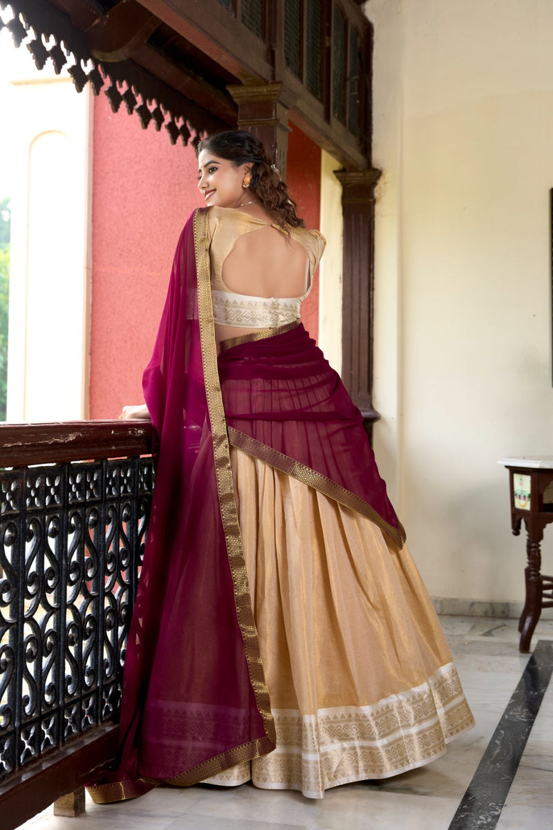 Womenline Cream Color Kanchipuram Designer Half Saree