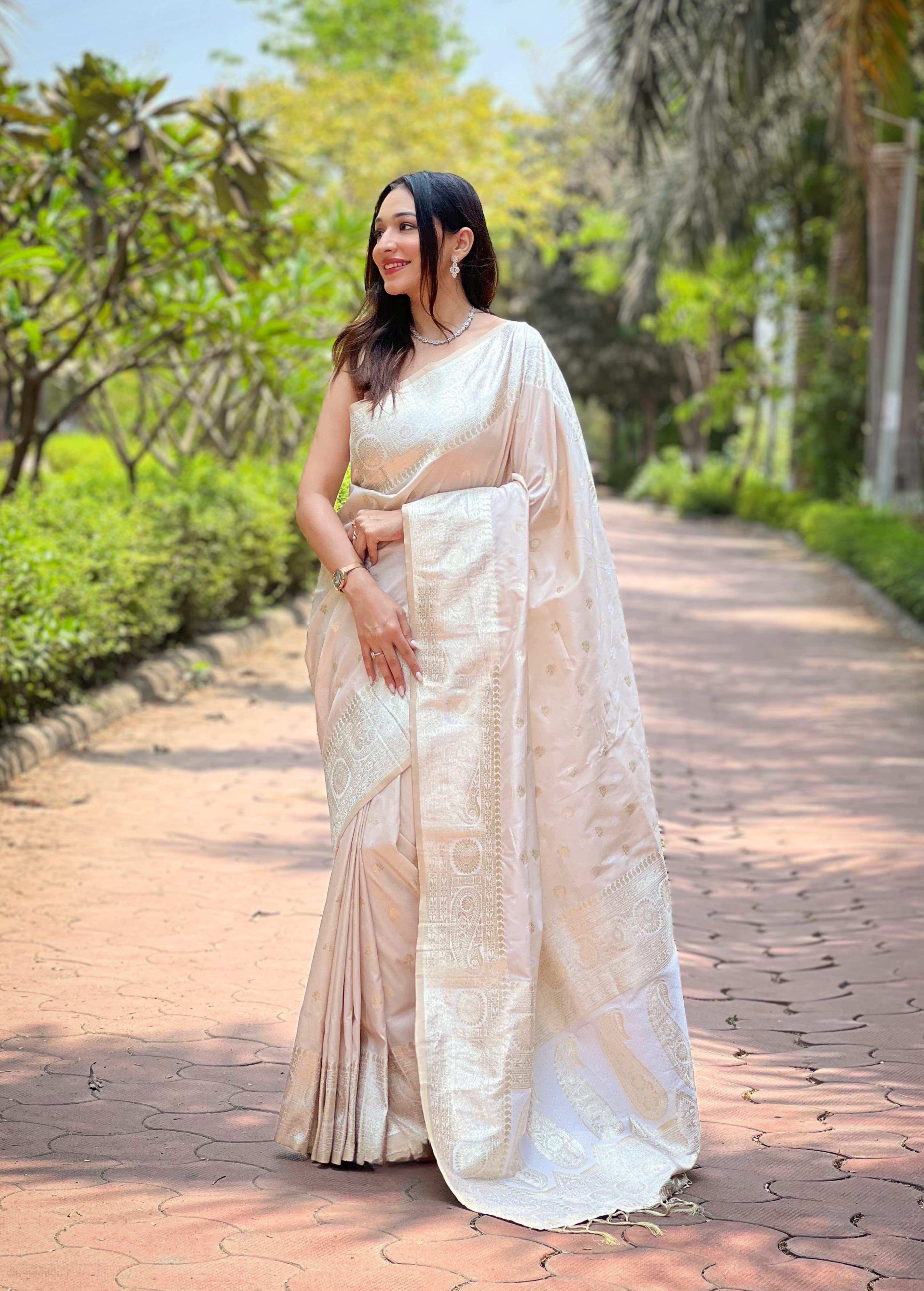 Womenline Cream Color Soft Silk Saree