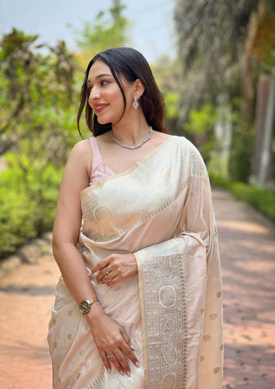 Womenline Cream Color Soft Silk Saree