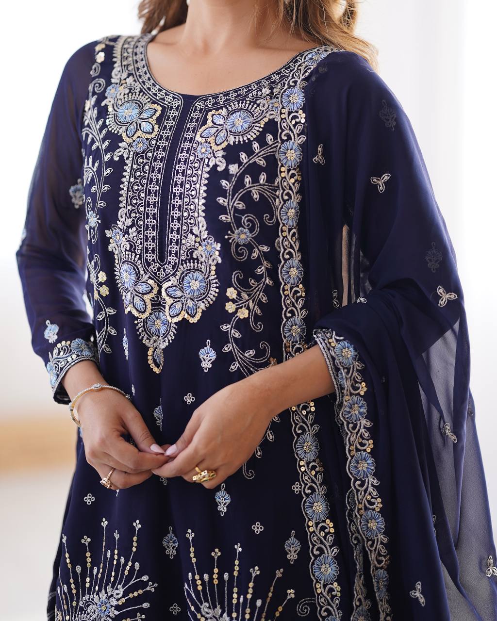 Dark Blue Color Faux Georgette Sharara Suit