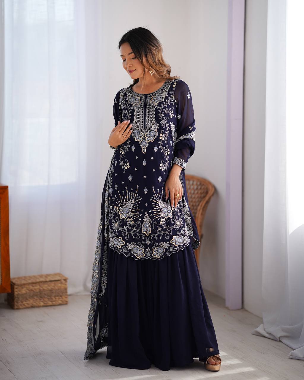 Dark Blue Color Faux Georgette Sharara Suit