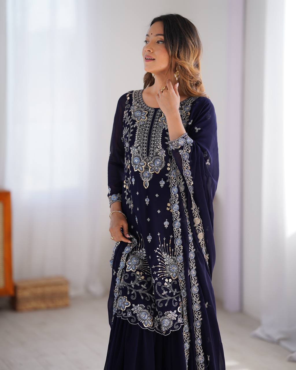 Dark Blue Color Faux Georgette Sharara Suit