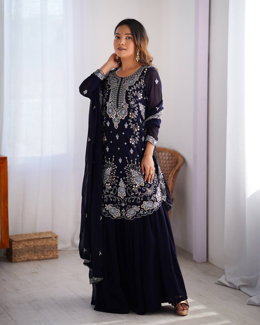 Dark Blue Color Faux Georgette Sharara Suit