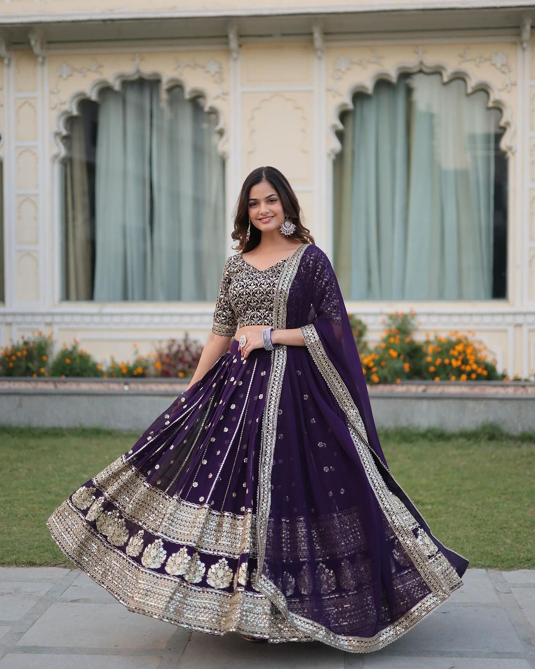 Womenline Dark Purple Blooming Soft Georgette Heavy Embroidery Semi Stitched Lehenga Choli