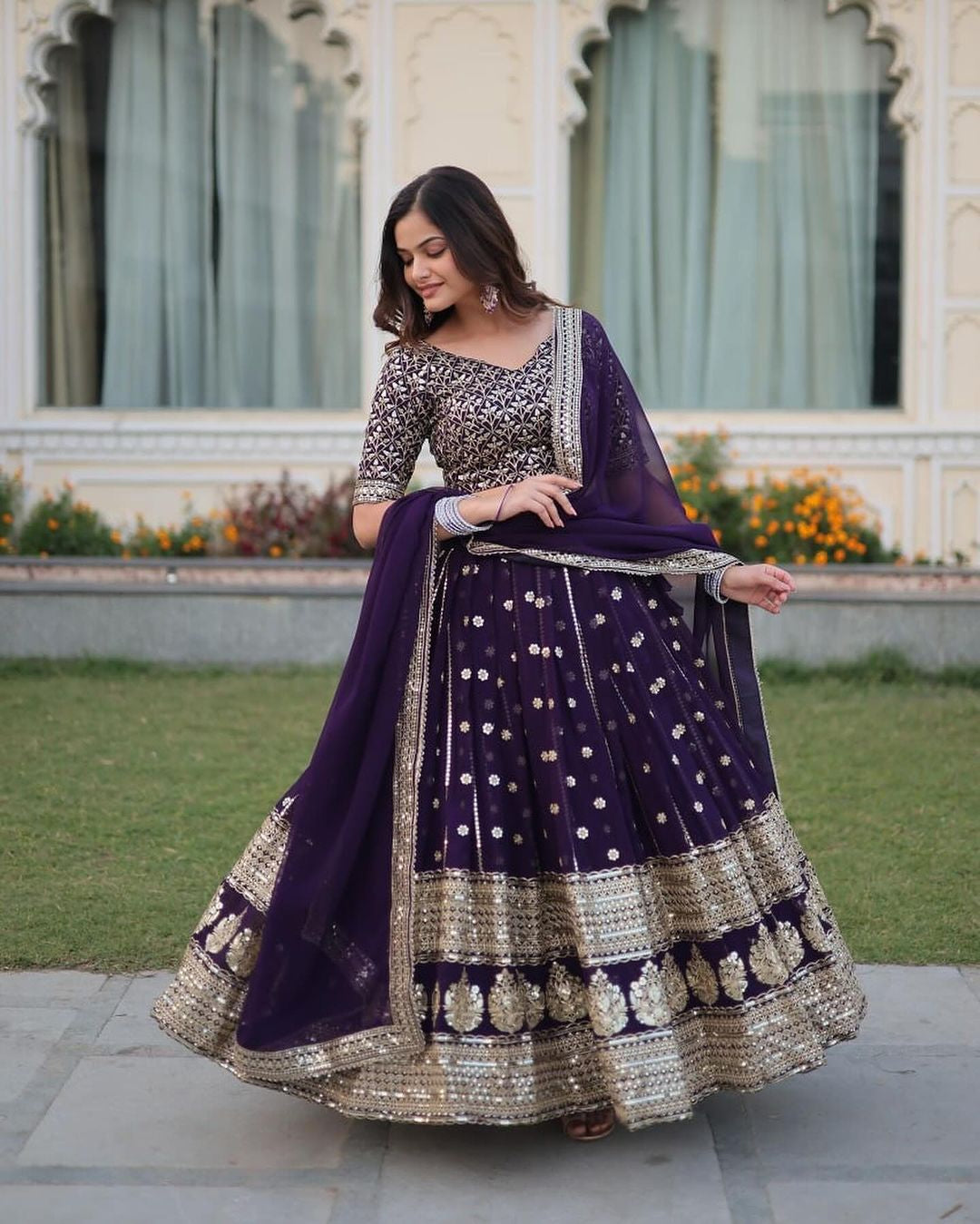 Womenline Dark Purple Blooming Soft Georgette Heavy Embroidery Semi Stitched Lehenga Choli