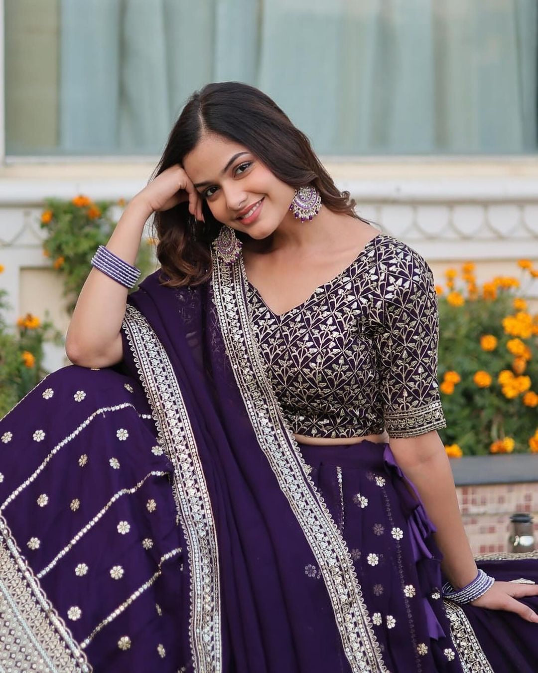 Womenline Dark Purple Blooming Soft Georgette Heavy Embroidery Semi Stitched Lehenga Choli