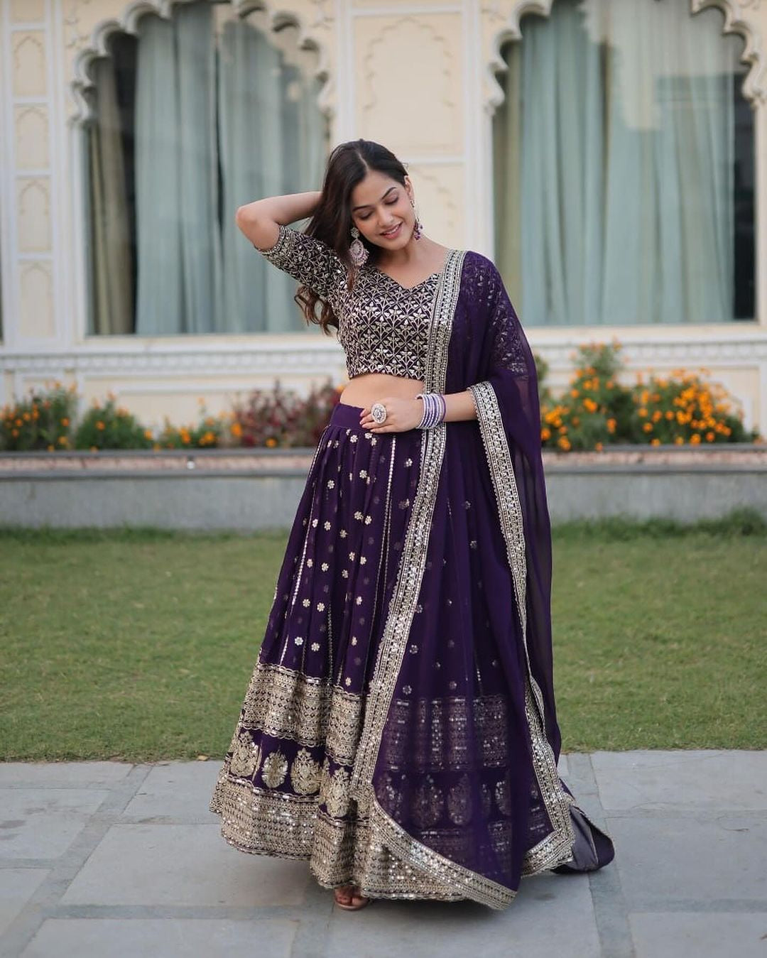 Womenline Dark Purple Blooming Soft Georgette Heavy Embroidery Semi Stitched Lehenga Choli