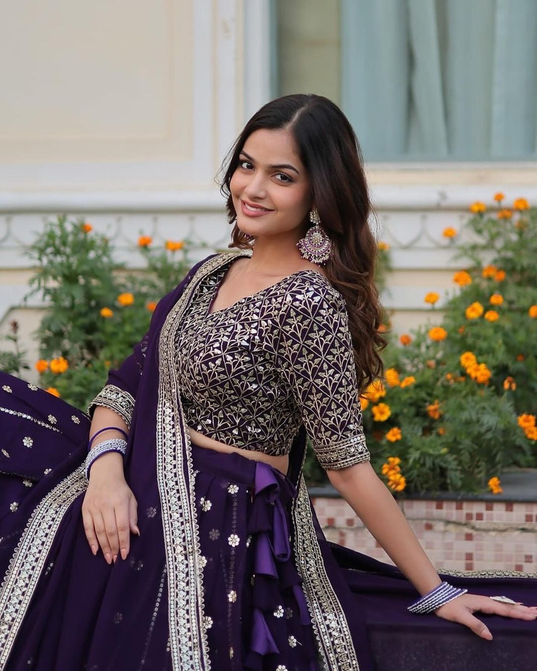 Womenline Dark Purple Blooming Soft Georgette Heavy Embroidery Semi Stitched Lehenga Choli