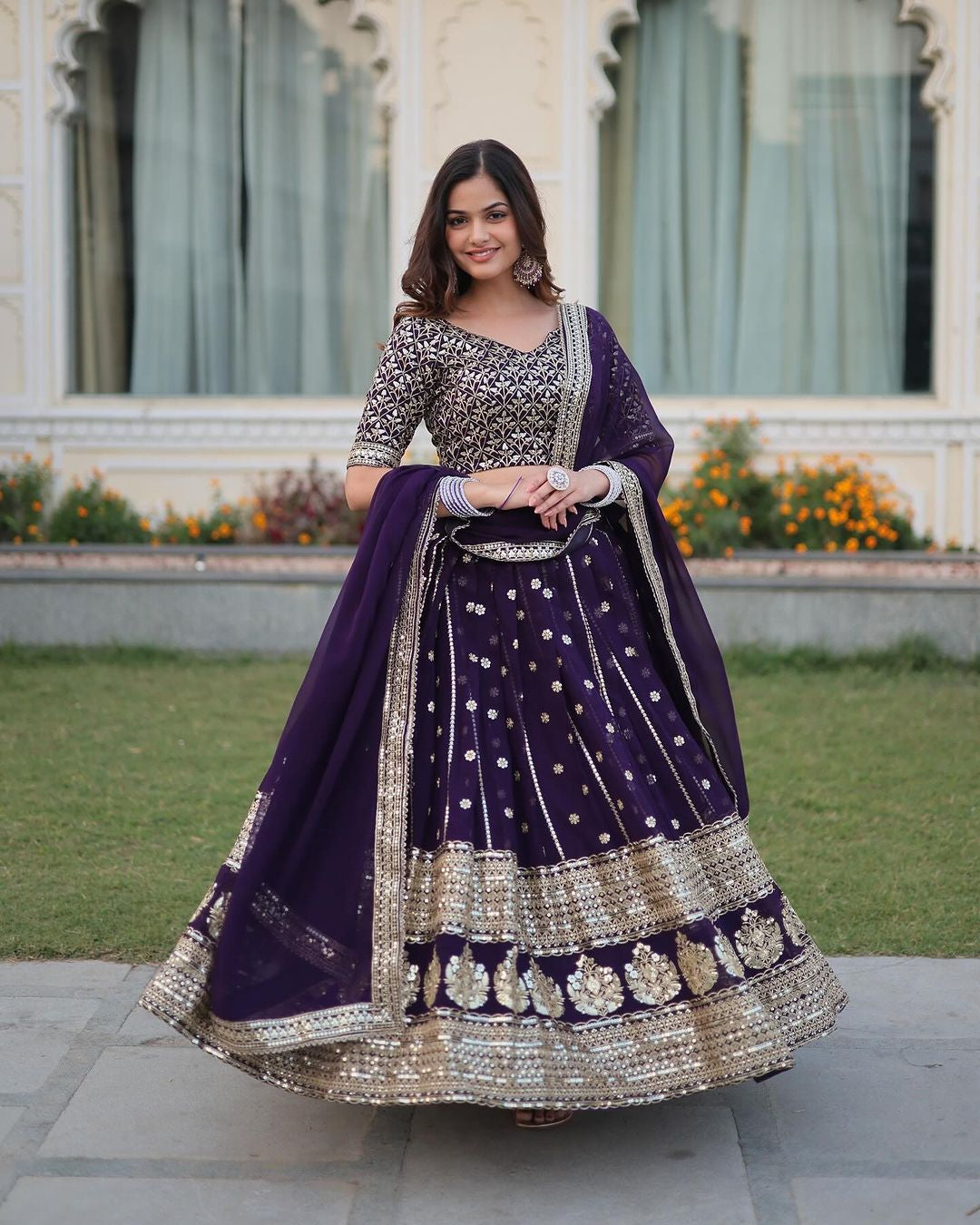 Womenline Dark Purple Blooming Soft Georgette Heavy Embroidery Semi Stitched Lehenga Choli