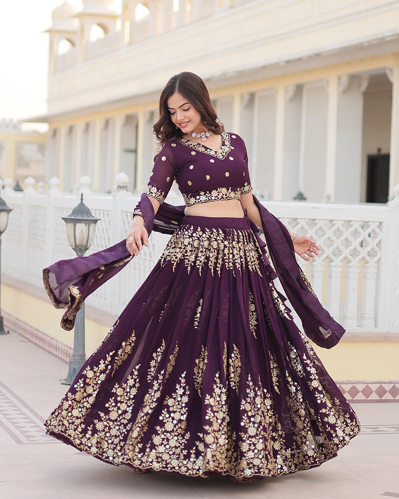 Womenline Deep Violet Color Georgette Sequence Embroidery Lehenga Choli